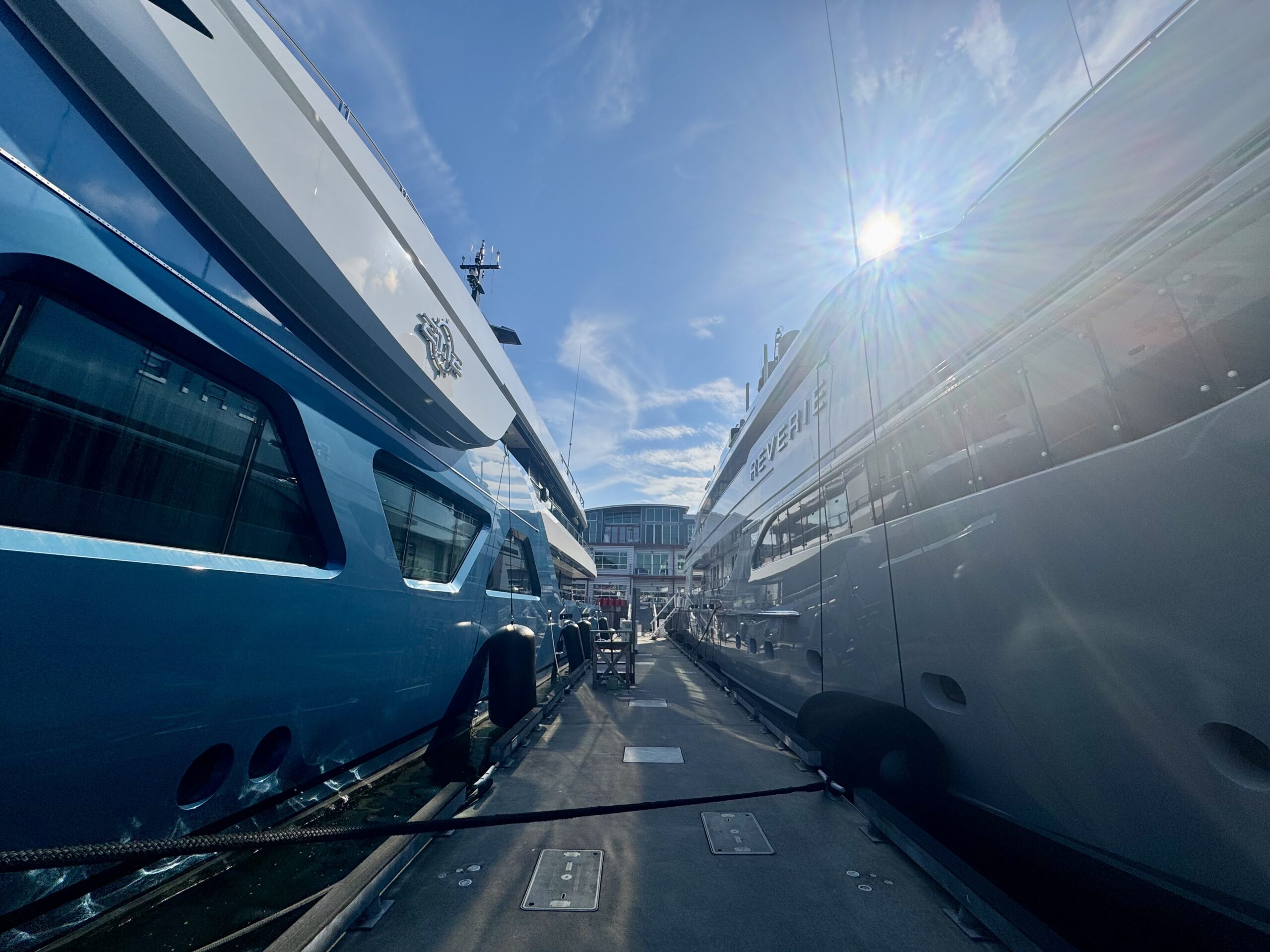 Superyacht 2112 and Reverie moored in Seattle at SBMC